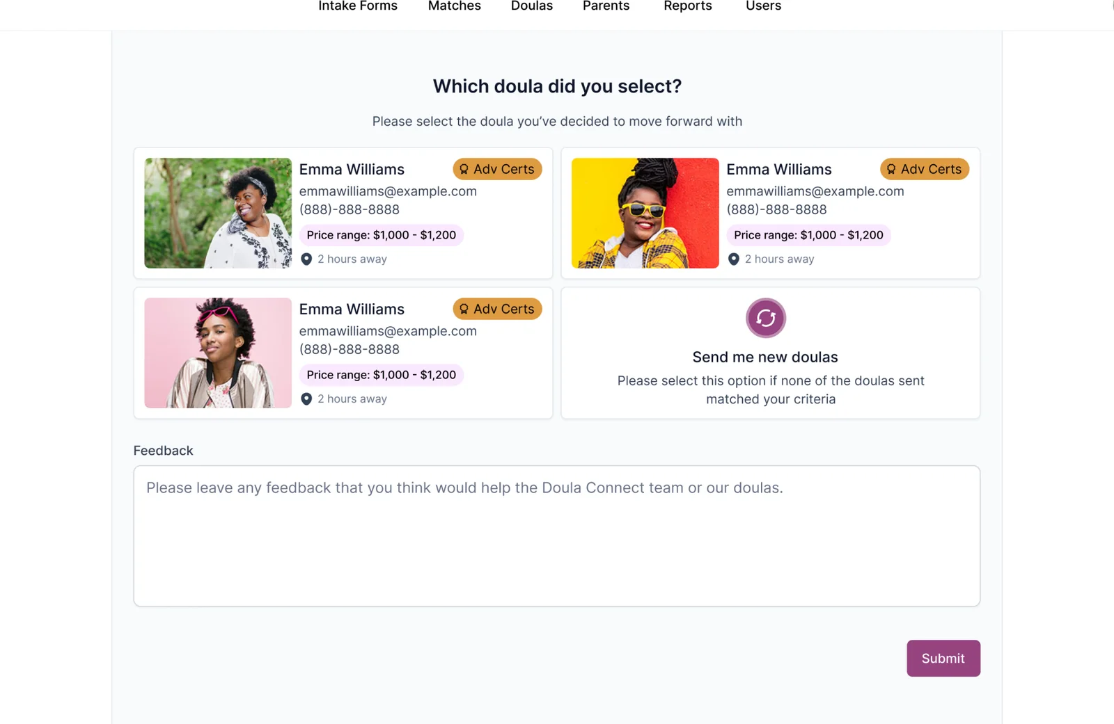 A family choosing between the doulas sent to them.
