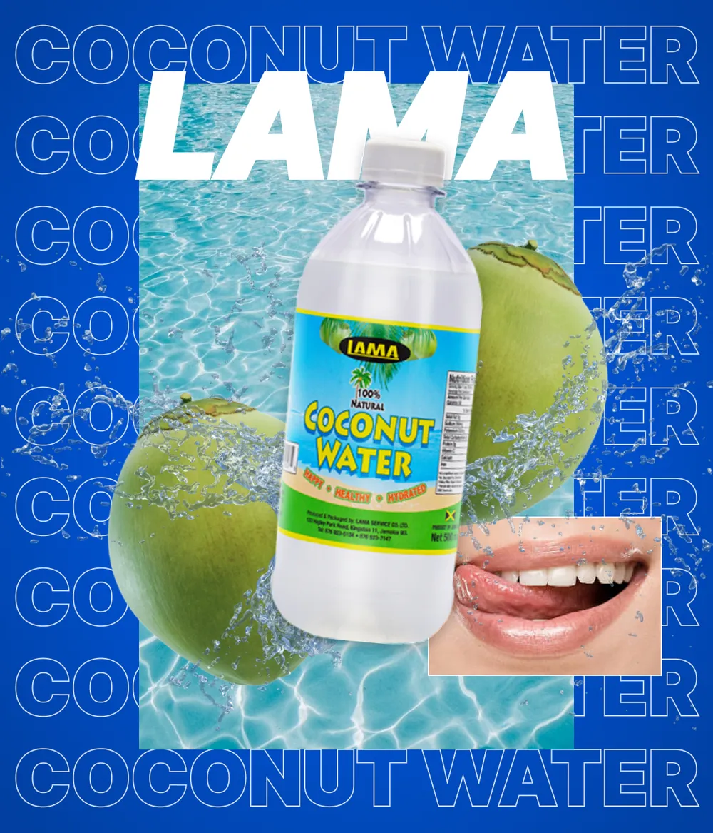 LAMA coconut water poster: the bottle, split coconuts and a pool of water over outlined type.
