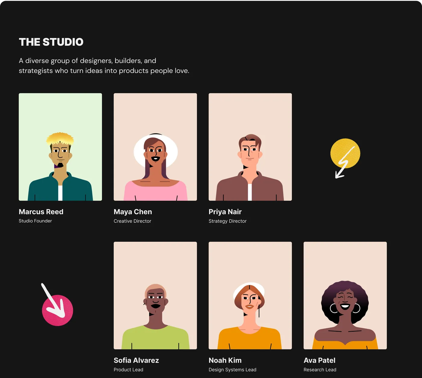Nexa Studio team page with illustrated portraits on a black ground.