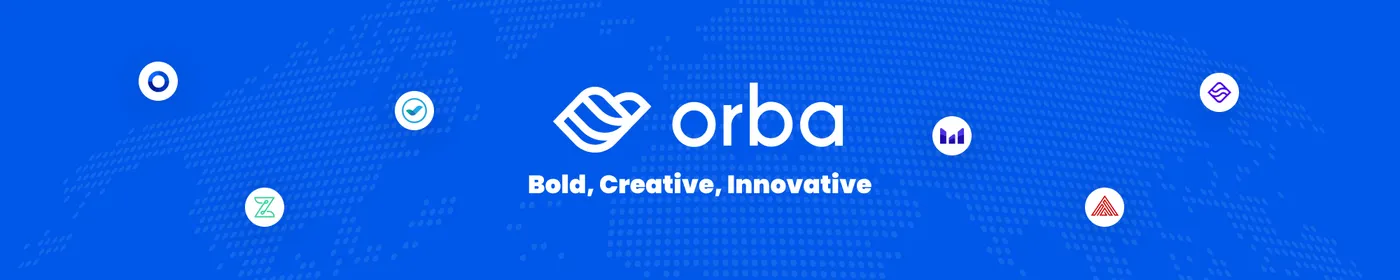 Orba banner in bright blue with the logo and a ring of small app icons.