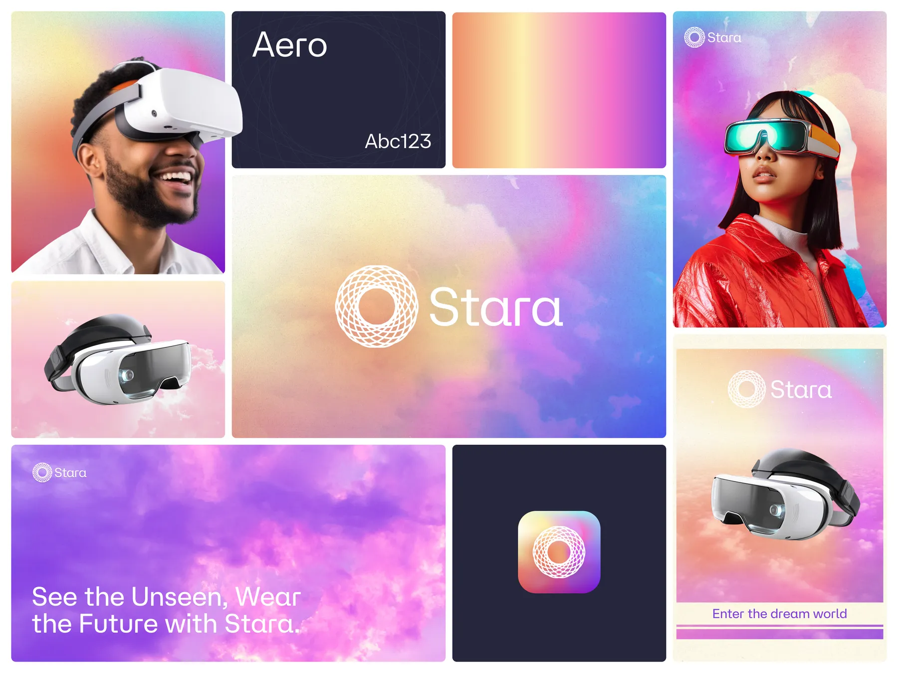 Stara brand board: VR headsets, portraits, the ring logo and soft pastel cloud gradients.