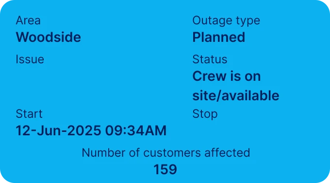 Outage card: Woodside, planned, crew on site, 159 customers affected.