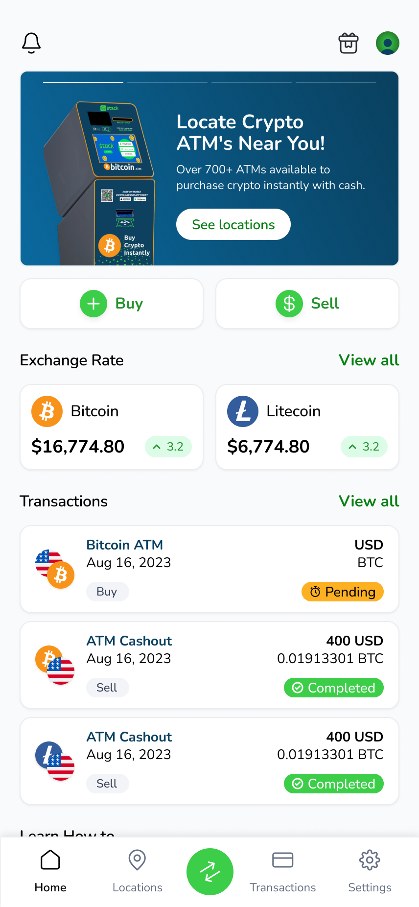 Unbank home: locate crypto ATMs, buy and sell, exchange rates and recent transactions.