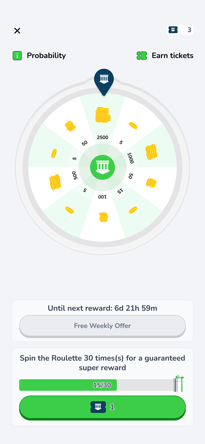 Unbank rewards roulette with weekly offer and spin progress.