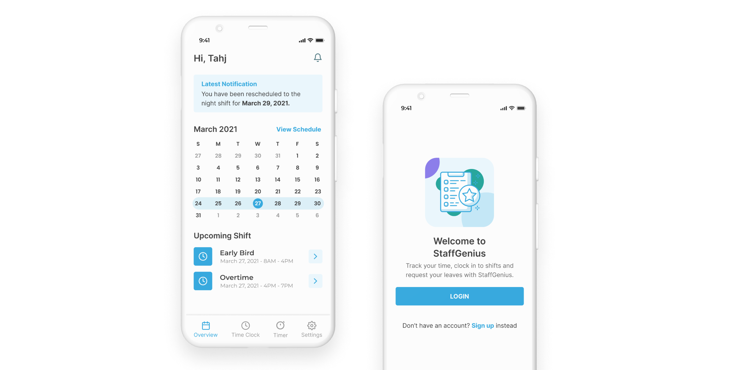 Mockups showing the homescreen and login screen of Staff Genius