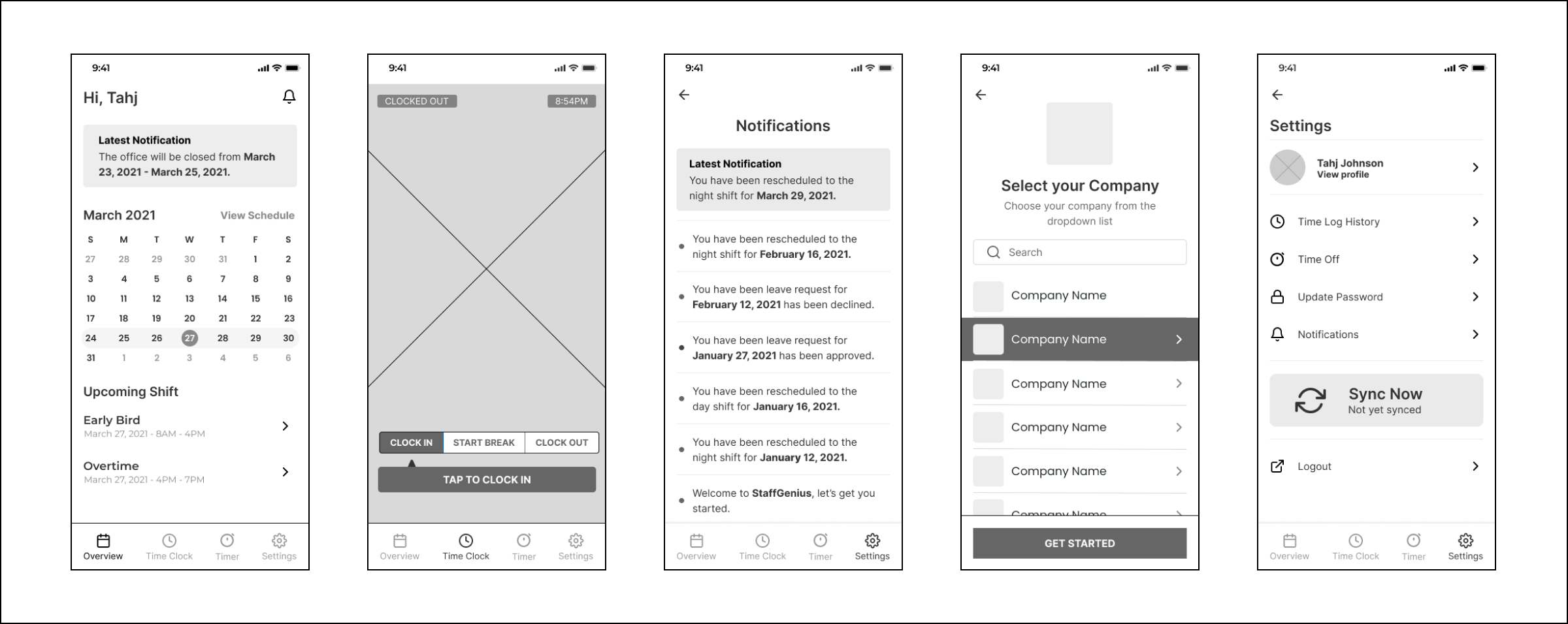 Some of the low fidelity wireframes of Staff Genius
